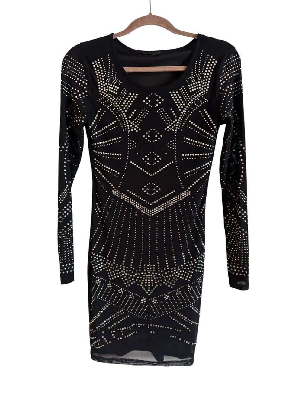 Haute Monde Long Sleeve Mini Dress Black Embellished Bodycon Party Small NWOT